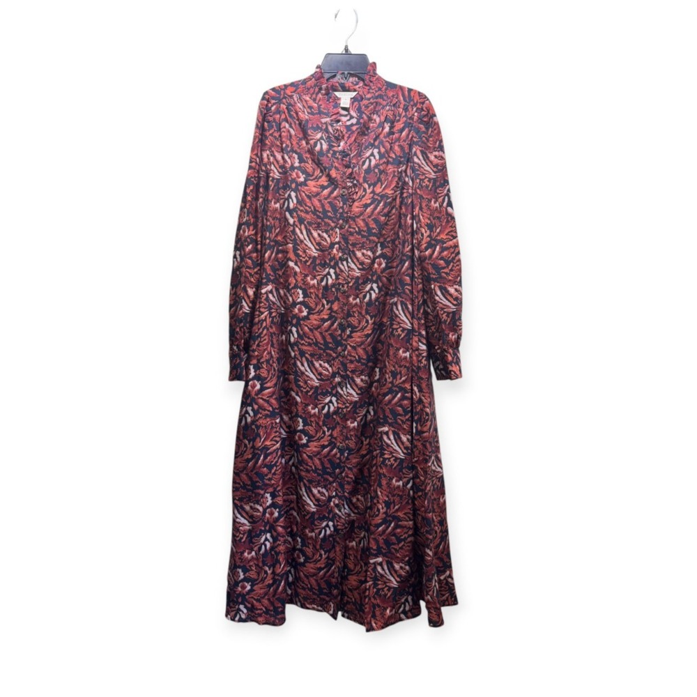 Caslon Maxi Cottagecore Midi Leaf Button Up Dress XS Rust Black Long Sleeve